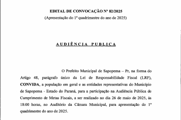 Edital de CONVOCAÇÃO nº 82/2025 - AUDIÊNCIA PÚBLICA - CUMPRIMENTO DE METAS FISCAIS DO 1º quadrimestre do ano de 2025