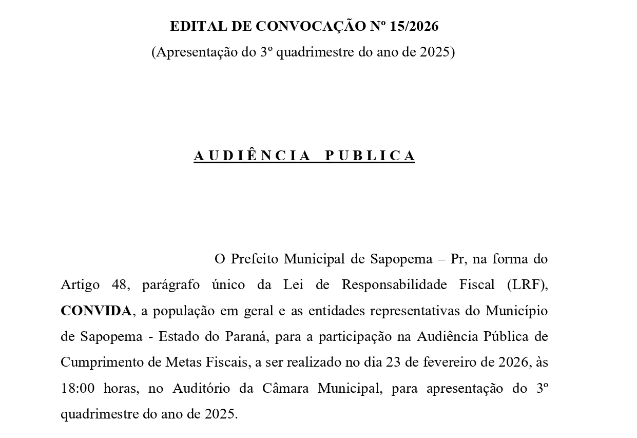 EDITAL DE CONVOCAÇÃO Nº 15/2026 - Apresentação do 3º quadrimestre do ano de 2025
